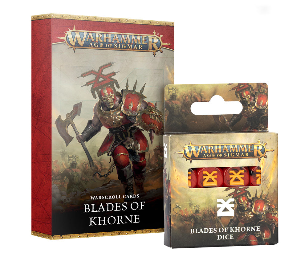 Warhammer Age of Sigmar Warscroll Cards Blades of Khorne box with a matching dice set featuring red dice with yellow Khorne symbols