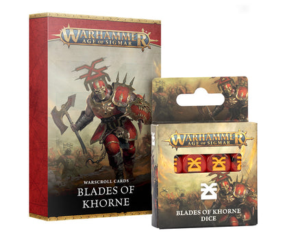 Warhammer Age of Sigmar Warscroll Cards Blades of Khorne box with a matching dice set featuring red dice with yellow Khorne symbols