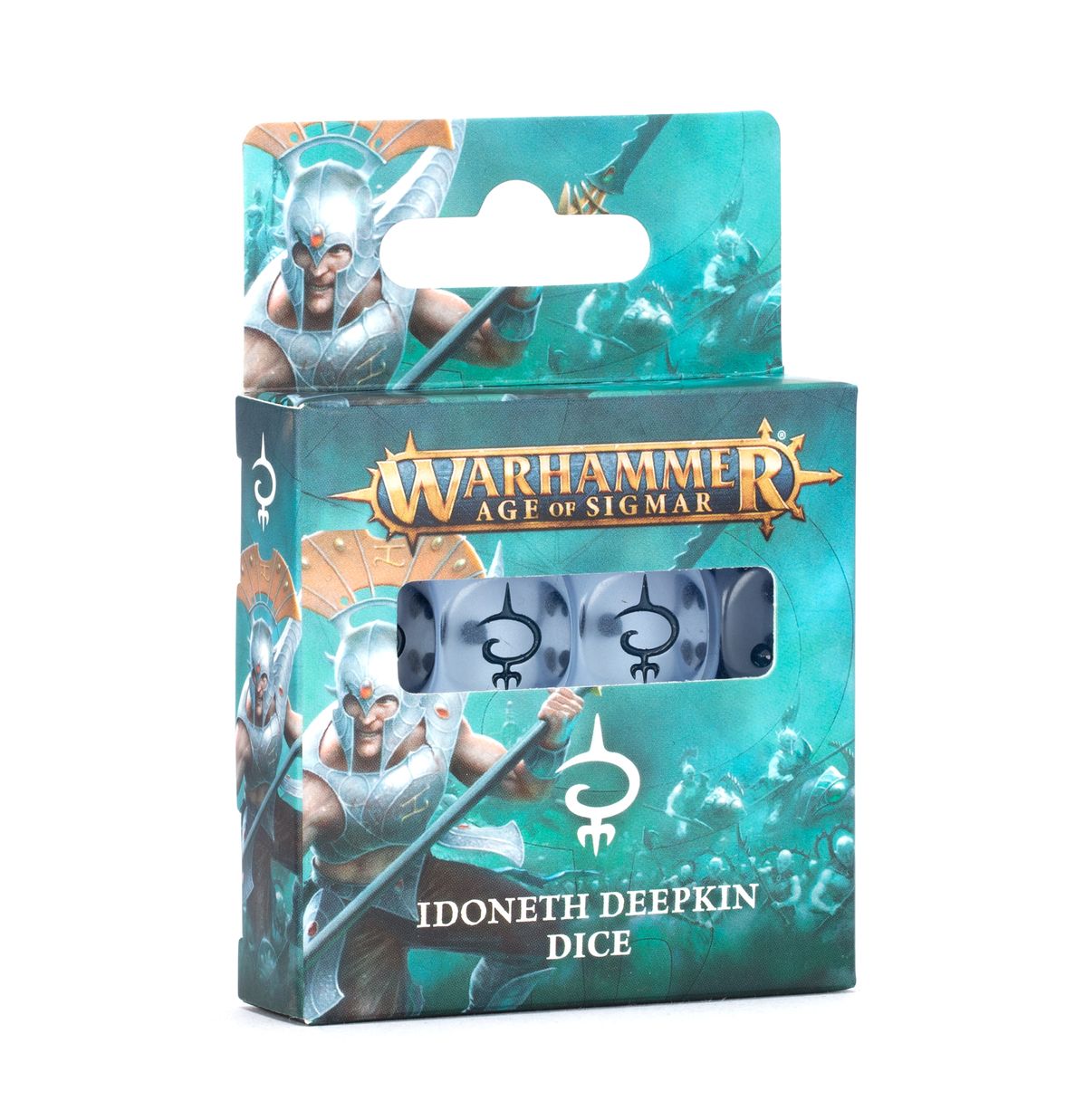 Box of Warhammer Age of Sigmar Idoneth Deepkin dice. Features armored warrior art and visible clear dice with faction symbols