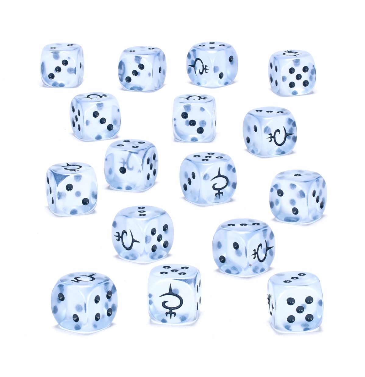 Sixteen translucent light blue dice with black pips and a unique symbol scattered on a white background