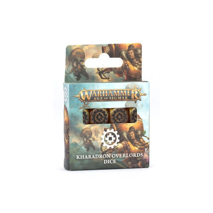 Warhammer Age of Sigmar Kharadron Overlords dice set in its box, showing metallic dice with engraved symbols and faction artwork