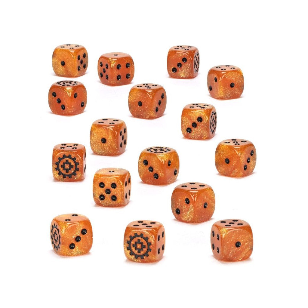 The 16 sparkling orange dice with black pips and gear symbols scattered on a white background