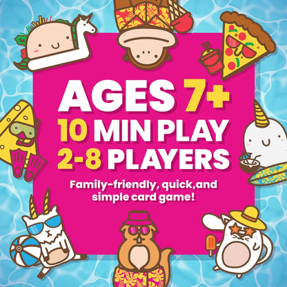 Graphic detailing card game stats: Ages 7+, 10 Min Play, 2-8 Players, surrounded by floating summer cartoons