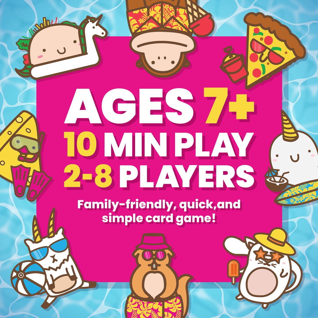 Graphic detailing card game stats: Ages 7+, 10 Min Play, 2-8 Players, surrounded by floating summer cartoons