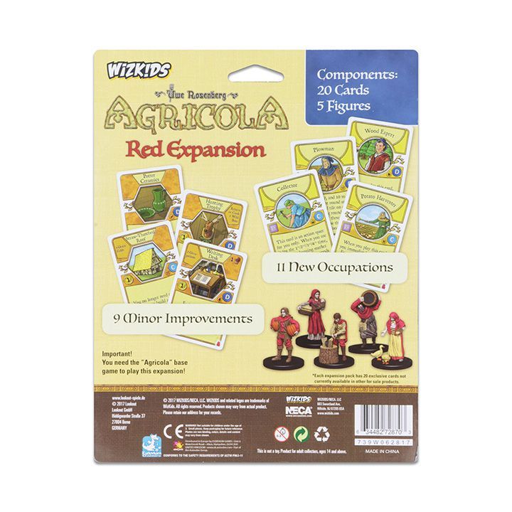 WizKids Agricola Red Expansion box. Displays game cards for &#39;Minor Improvements&#39; &amp; &#39;New Occupations&#39;, plus 5 detailed figures.