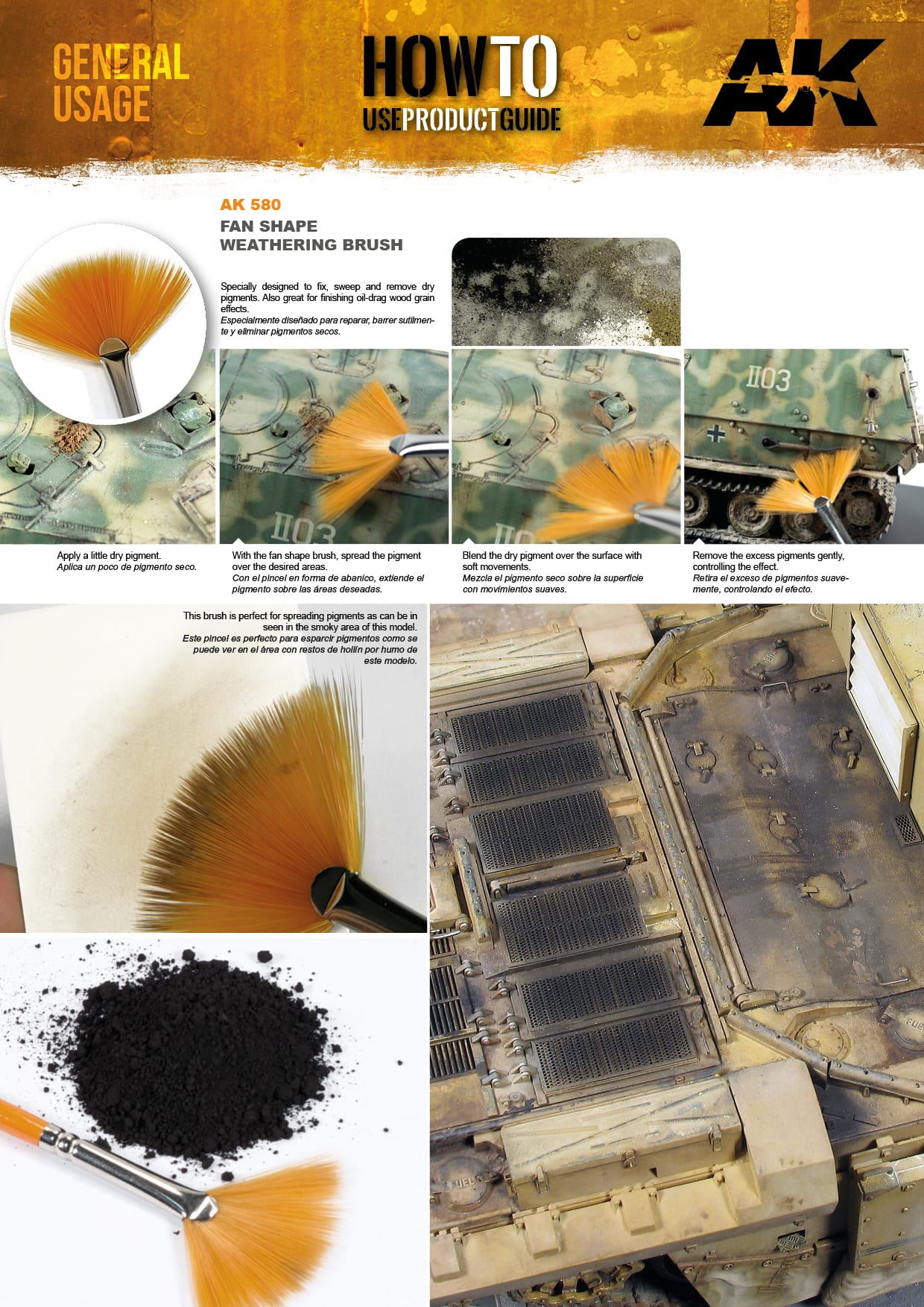 How-to guide: Fan weathering brush applying dry pigments to a model tank. Shows brush, powder, and effects