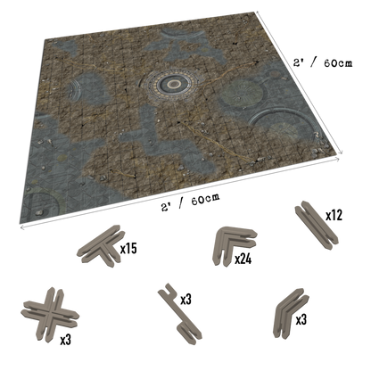 Gridded game map with a central circular ruin, plus various modular terrain pieces for tabletop setup.