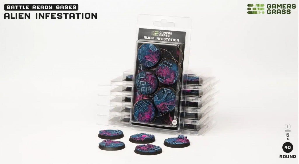 Battle Ready Bases: Alien Infestation. Round miniature bases featuring blue sci-fi structures and pink alien growth.