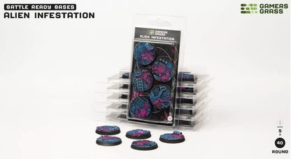 Battle Ready Bases: Alien Infestation. Round miniature bases featuring blue sci-fi structures and pink alien growth.