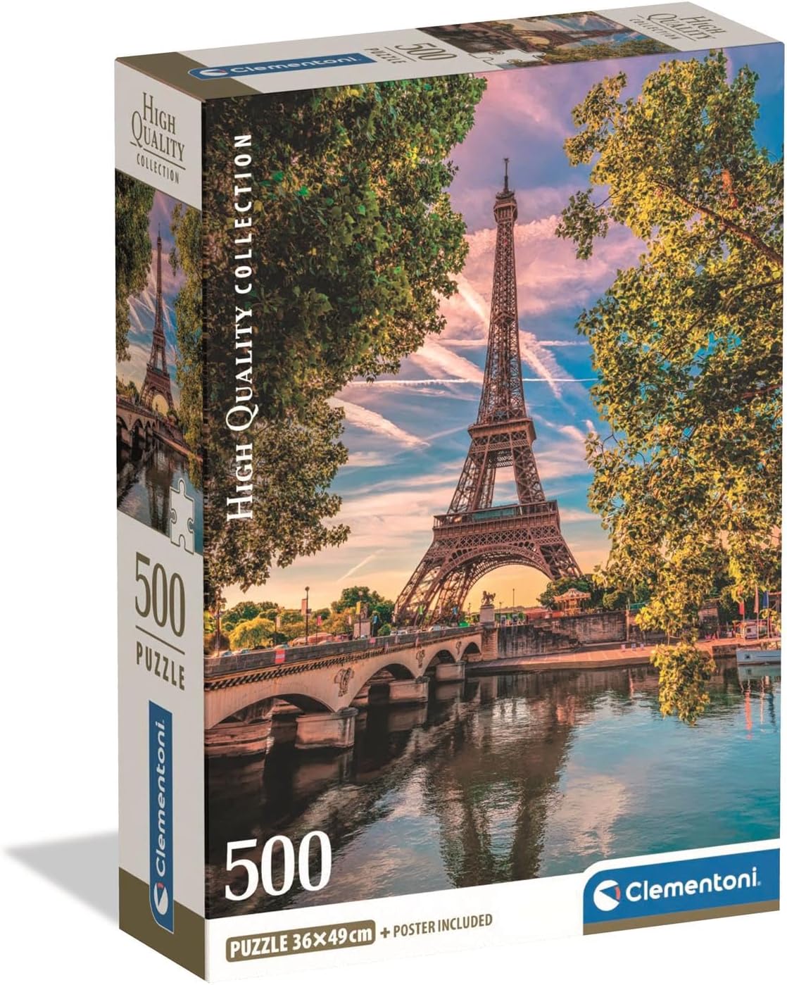 A Clementoni 500-piece puzzle box featuring the Eiffel Tower reflected in water, with a bridge and trees at sunset.