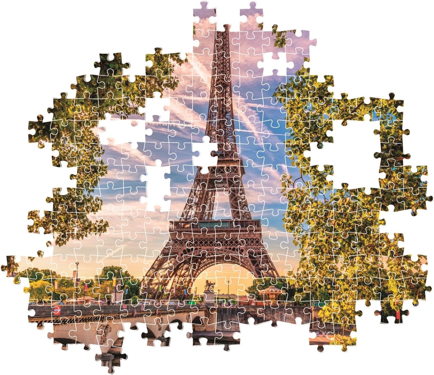 Partially assembled jigsaw puzzle of the Eiffel Tower with missing pieces.