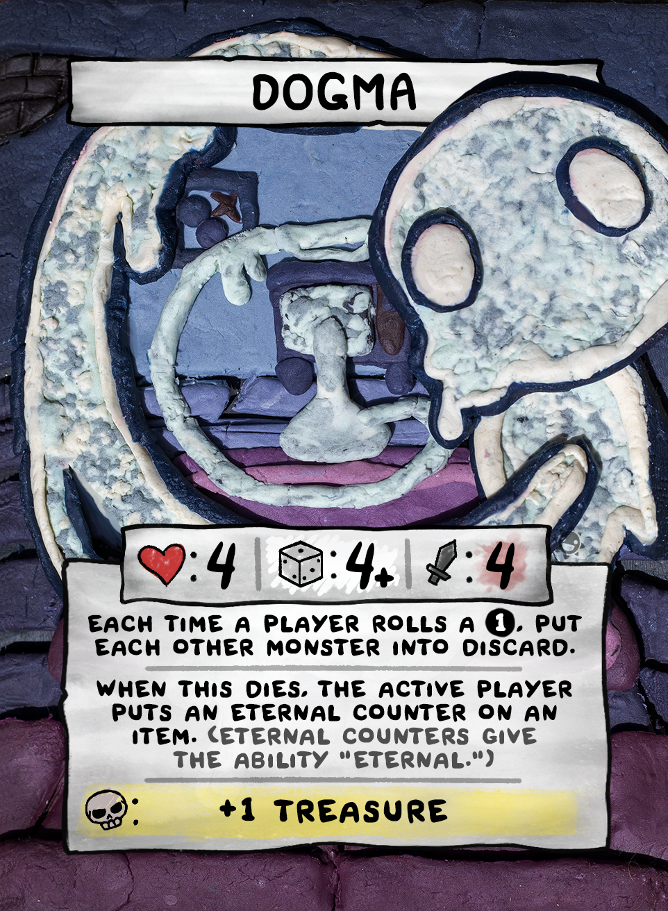 A claymation-style &quot;Dogma&quot; monster card from The Binding of Isaac Four Souls featuring a white spectral figure and game text