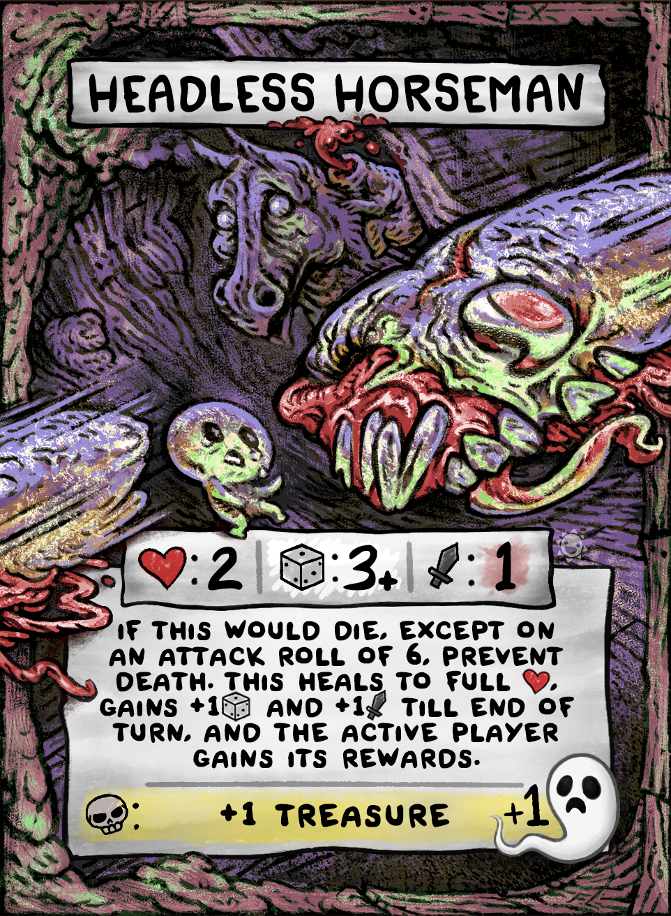 A game card titled &quot;Headless Horseman&quot; a grotesque purple horse-like monster with a gaping mouth looms over a small figure