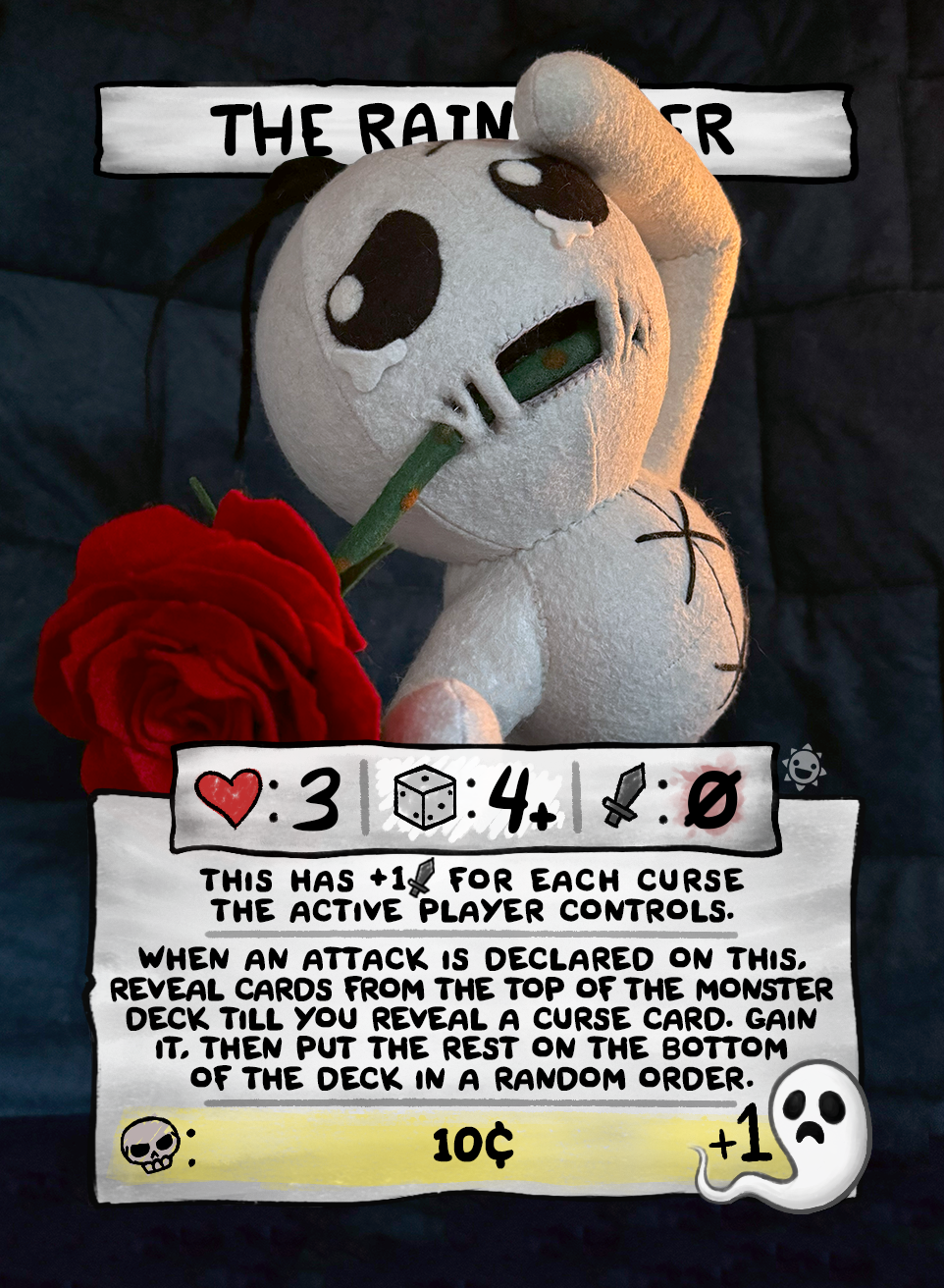 A custom The Binding of Isaac Four Souls card featuring a white crying doll plush holding a red rose in its mouth