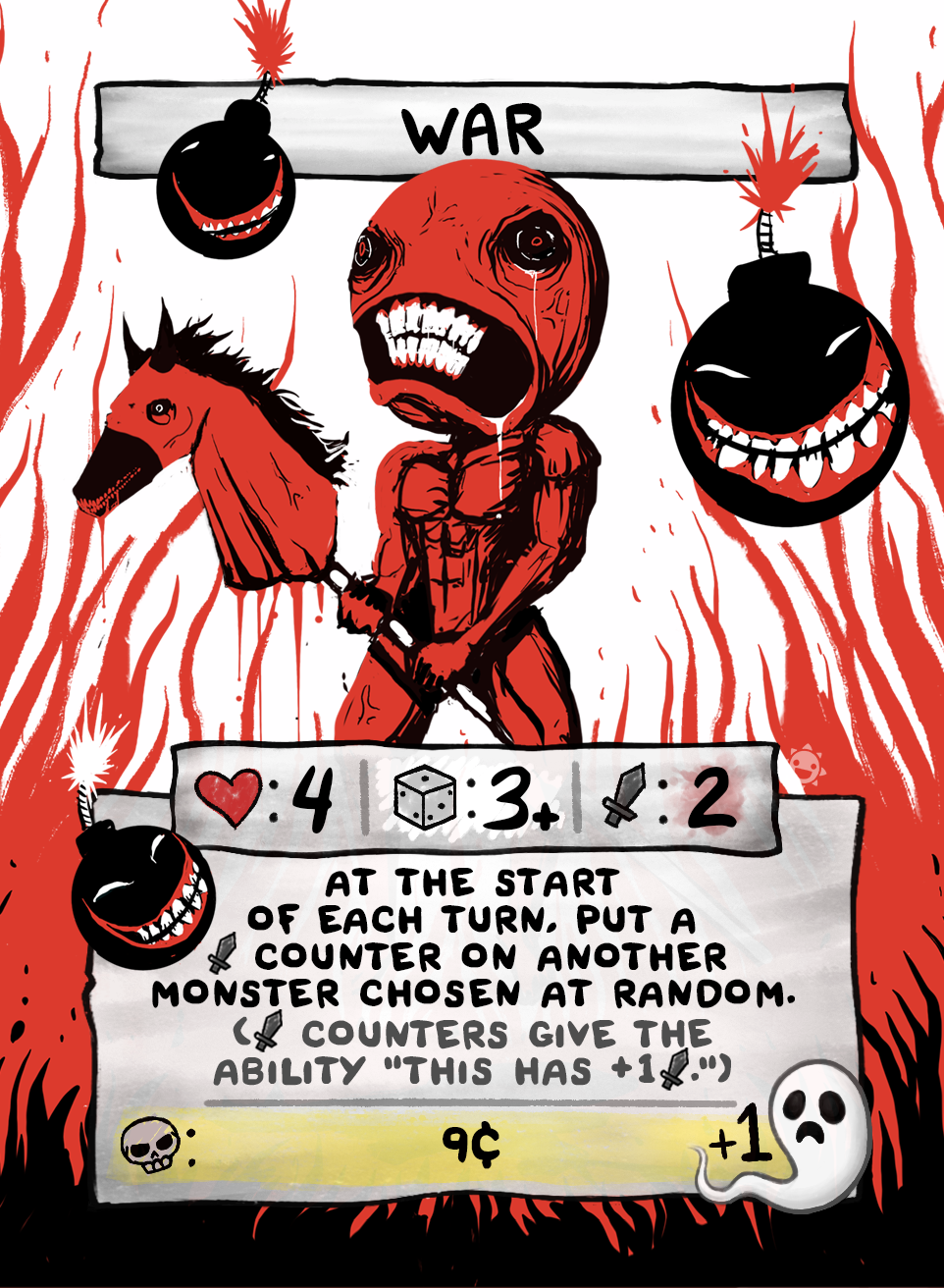 A &quot;WAR&quot; game card shows a red muscular monster with a wide crying mouth holding a hobby horse grinning bombs and red flames