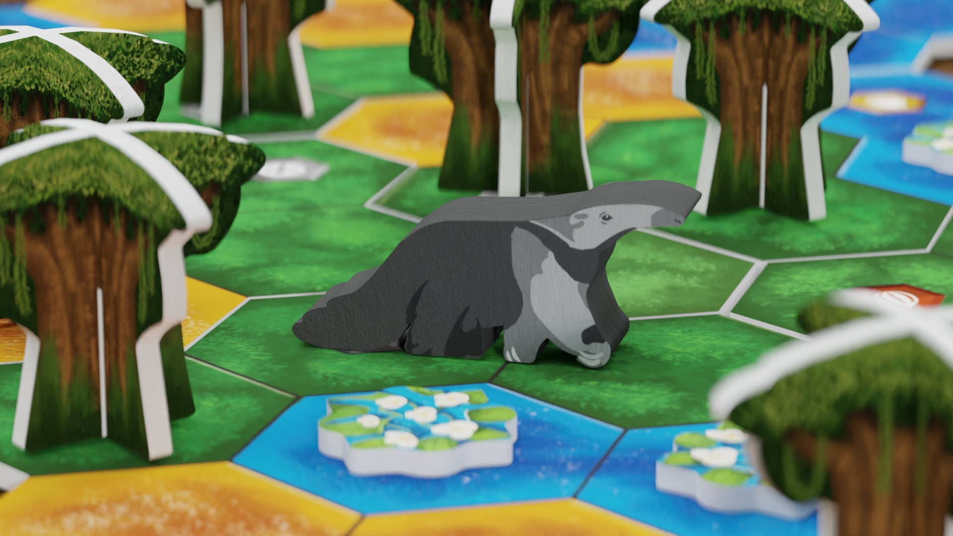 Life of the Amazonia board game meeple, gray giant anteater, standing on green hexagon tile