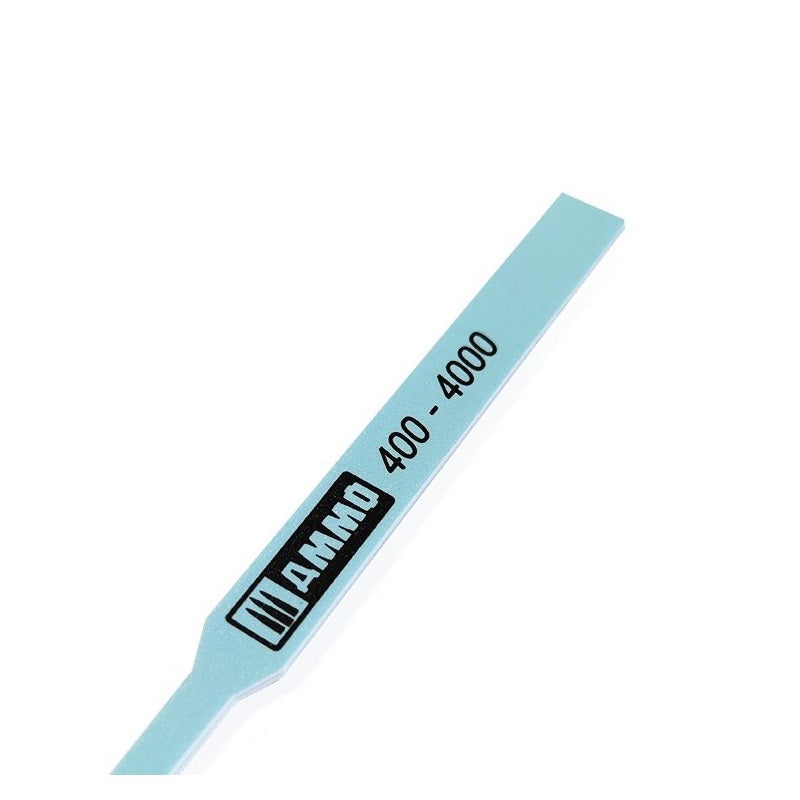 Light blue, flat sanding stick with an AMMO logo and '400 - 4000' grit numbers.
