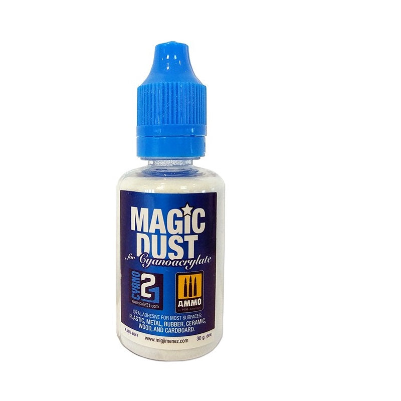 A clear bottle with a blue cap contains white "MAGIC DUST for Cyanoacrylate" powder, used as an adhesive filler.