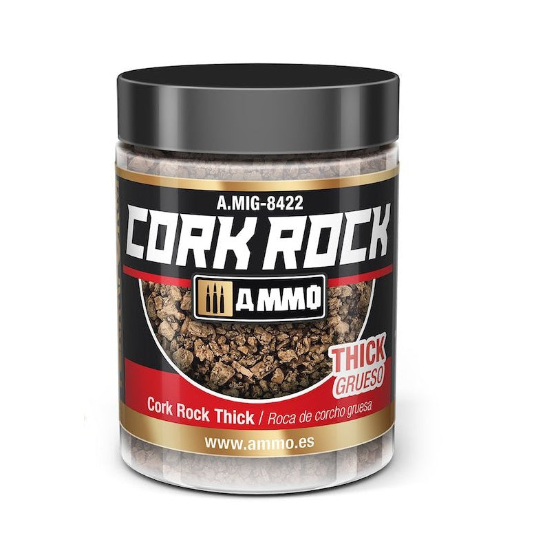 Clear jar of AMMO "Cork Rock Thick," a coarse brown granular material for model dioramas.
