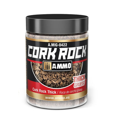 Clear jar of AMMO "Cork Rock Thick," a coarse brown granular material for model dioramas.