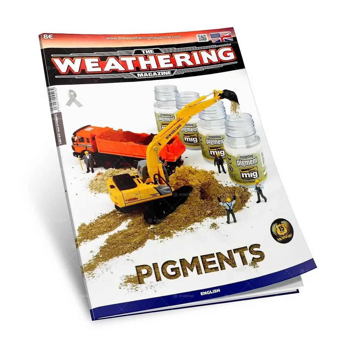 The Weathering Magazine cover: a miniature excavator moves modeling pigment from a pile into jars.