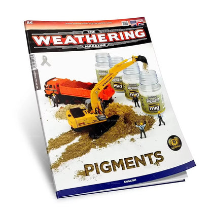 The Weathering Magazine cover: a miniature excavator moves modeling pigment from a pile into jars.
