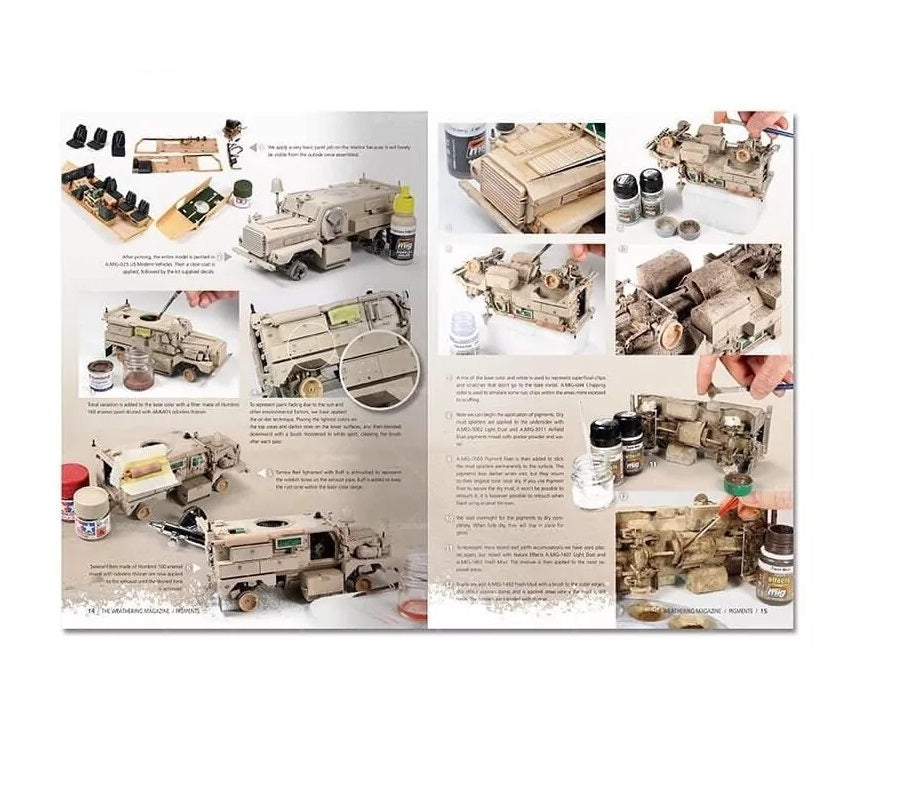 Magazine spread detailing the process of building and weathering desert-colored military vehicle scale models.