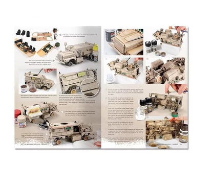 Magazine spread detailing the process of building and weathering desert-colored military vehicle scale models.