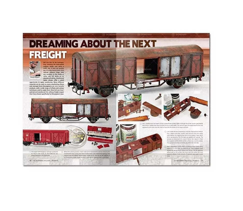 Weathering guide shows model freight cars: rusty brown, new red, and various paints, pigments, and tools.