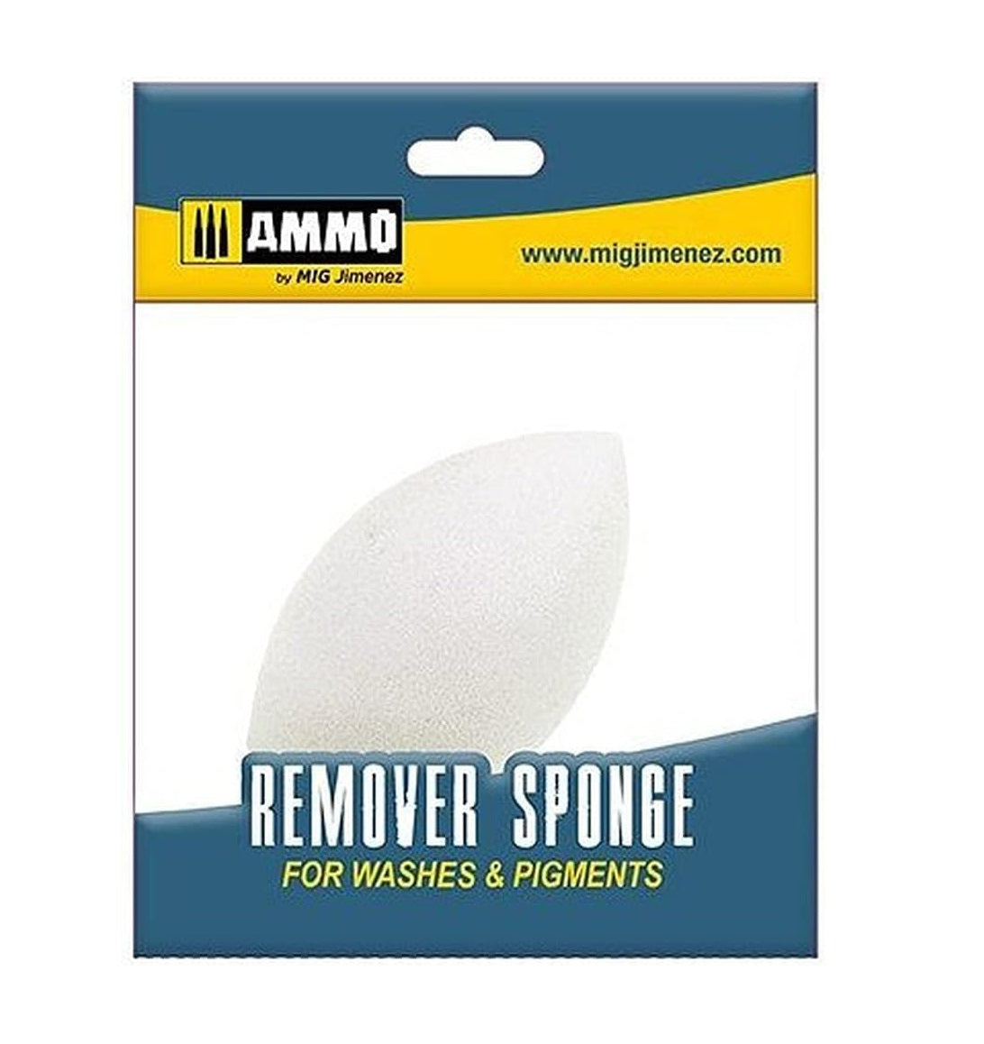 White egg-shaped remover sponge for washes & pigments, in AMMO by MIG Jimenez packaging.