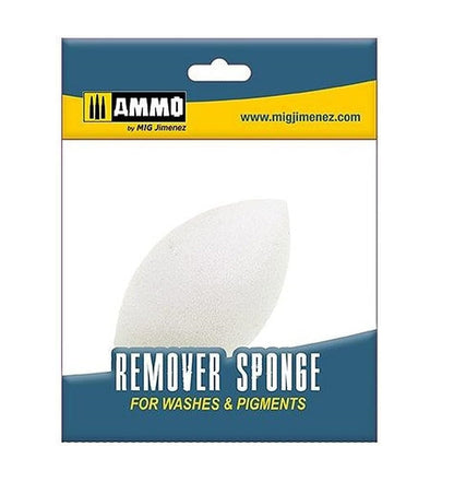 White egg-shaped remover sponge for washes & pigments, in AMMO by MIG Jimenez packaging.