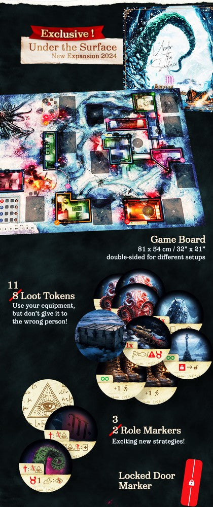 Under the Surface 2024 board game expansion display -  showing an icy game board -  loot tokens -  role markers -  and box art