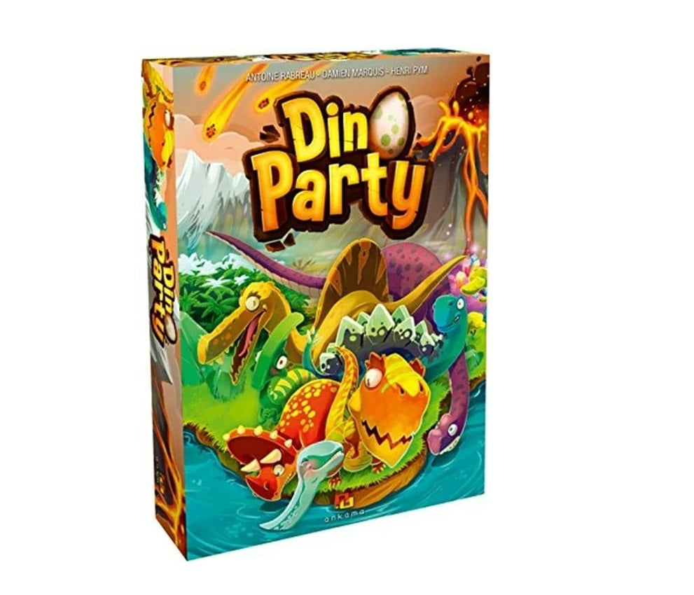 Dino Party game box features colorful cartoon dinosaurs escaping a volcanic eruption and meteors.