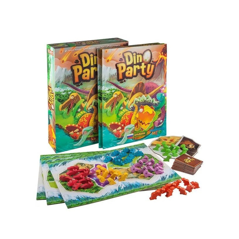 The 'Din Party' board game displayed, including two boxes, a game board with colorful dinosaur pieces, and cards.