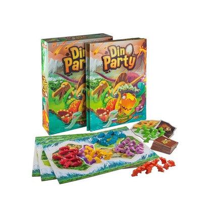 The 'Din Party' board game displayed, including two boxes, a game board with colorful dinosaur pieces, and cards.