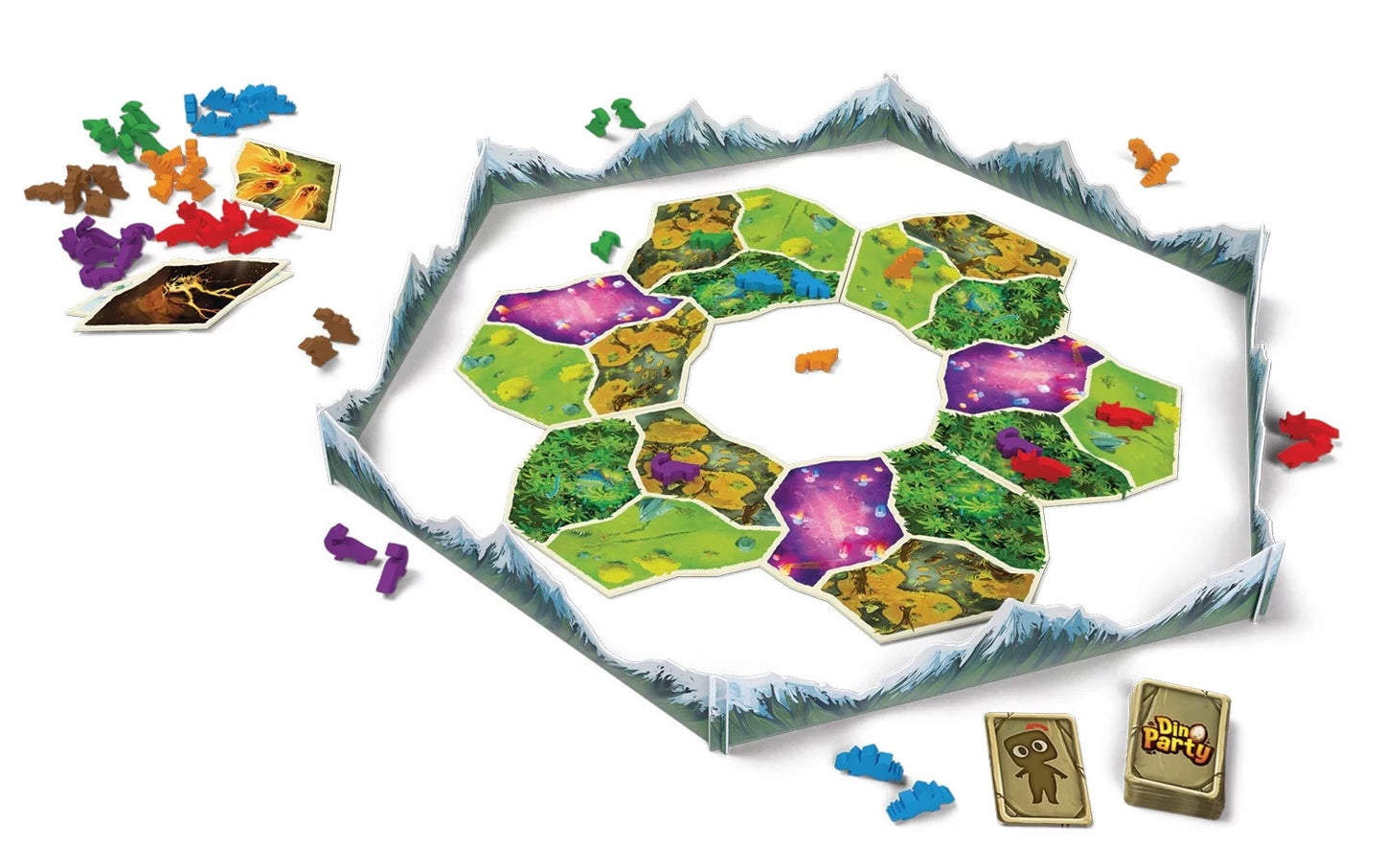 A "Dino Party" board game setup. Hexagonal terrain tiles with colorful dinosaurs are surrounded by mountain walls. Piles of dino tokens and cards.