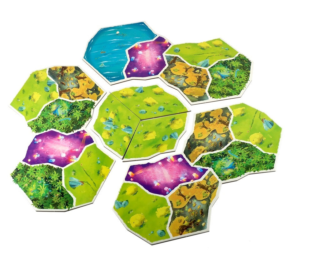 Hexagonal board game tiles in a flower-like pattern, featuring diverse terrains: green grass, water, dark forests, and glowing purple crystal caves.