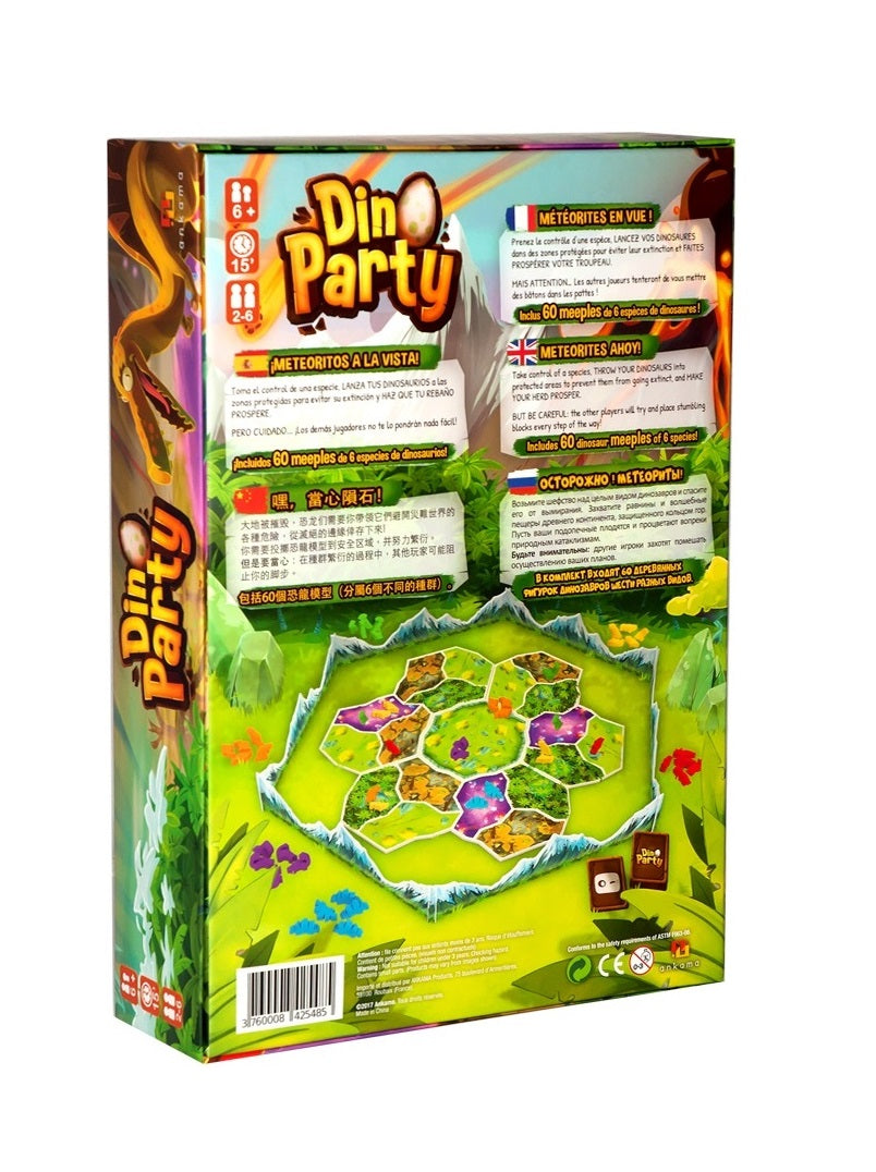 Back of 'Din Party' board game box, featuring the title, a dinosaur, and an illustrated hexagonal game board.