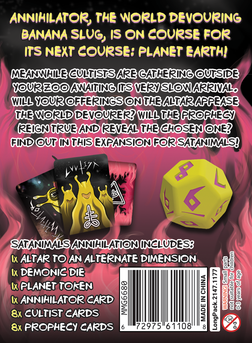 Satanimals Annihilation game expansion, cards with horned yellow banana slugs and a large yellow die