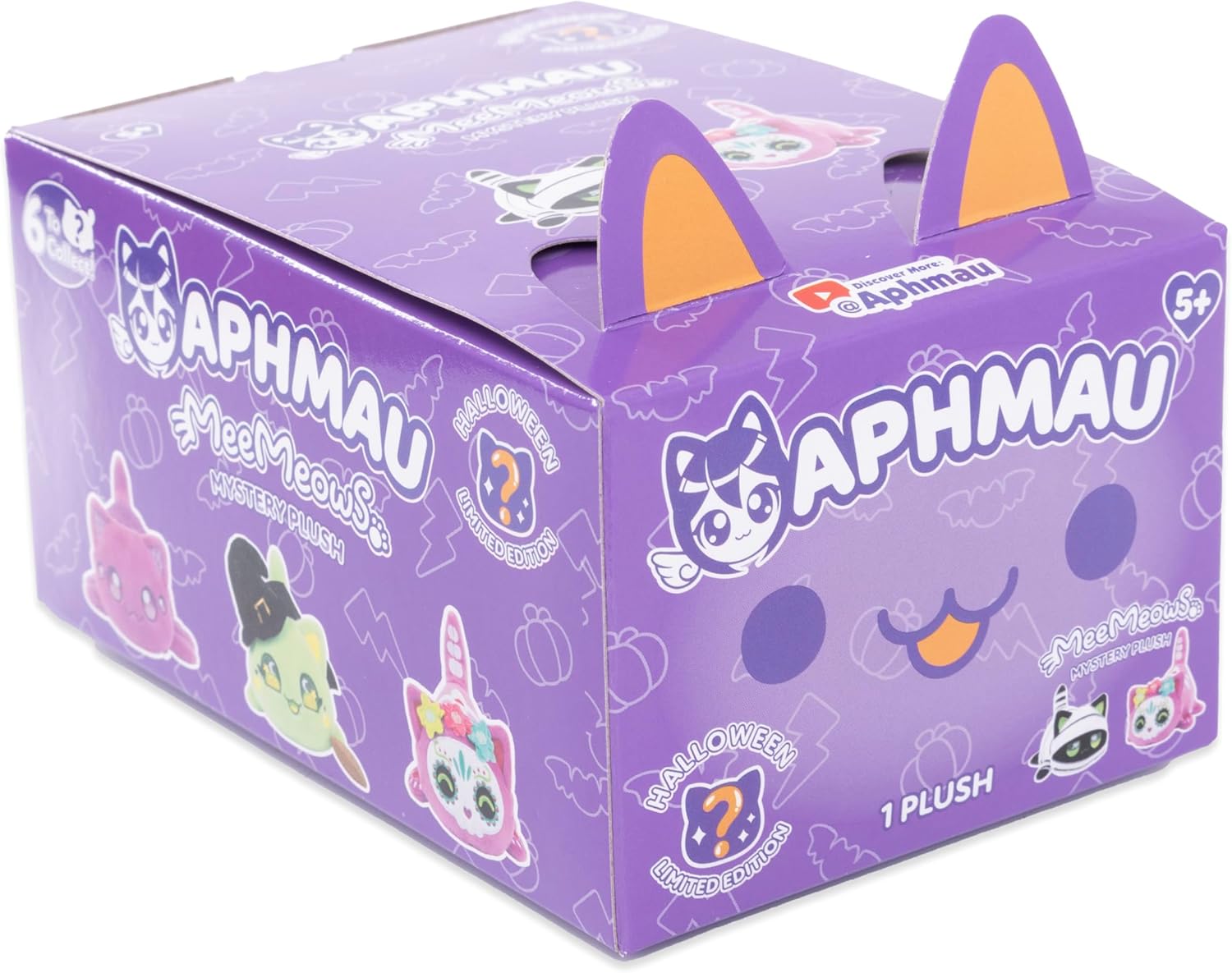 A purple Aphmau MeeMeows Halloween Mystery Plush box with cat ears and cartoon spooky cat plushies