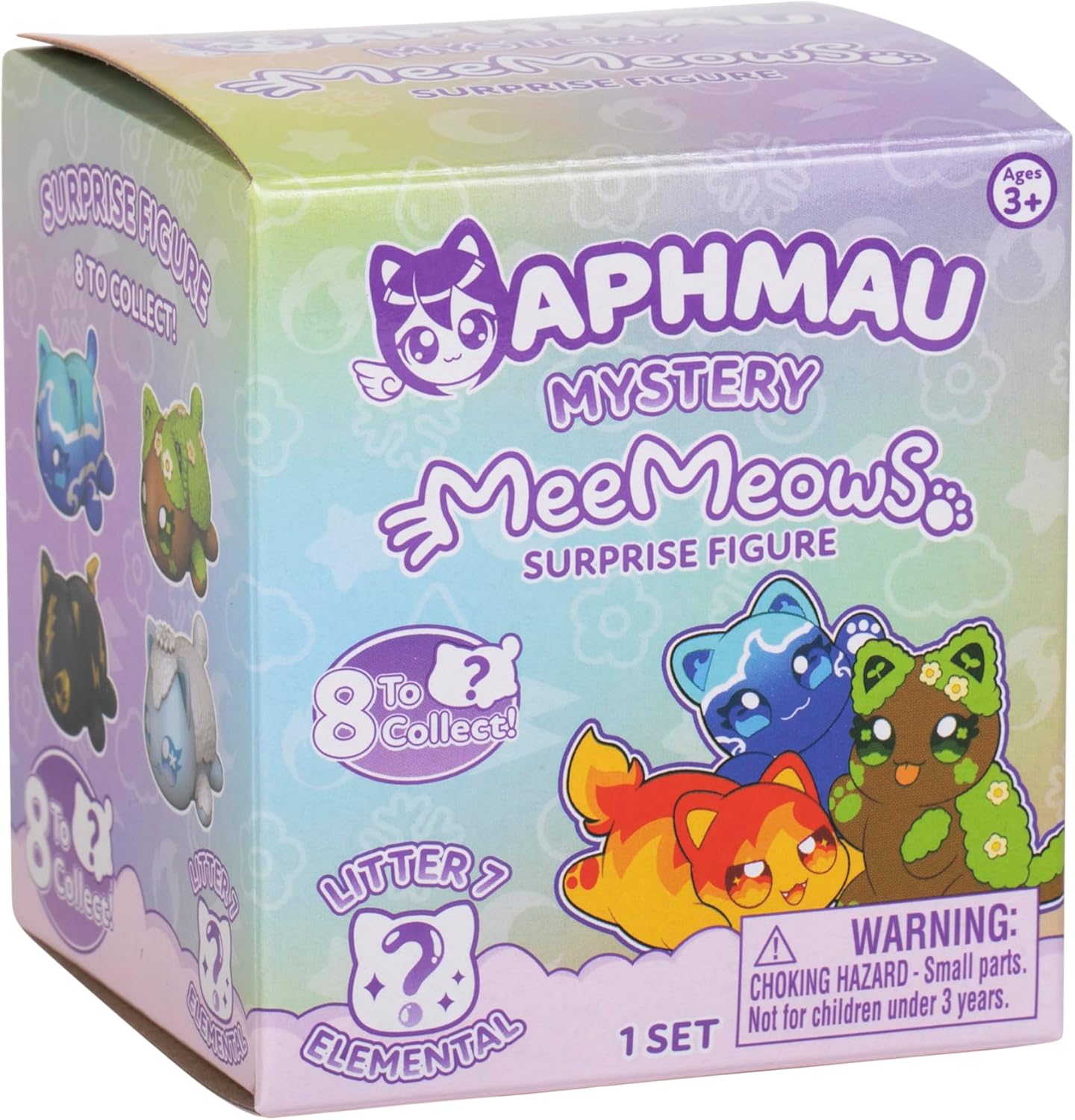 A colorful Aphmau Mystery MeeMeows Surprise Figure box displaying cartoon elemental cats and '8 To Collect!'