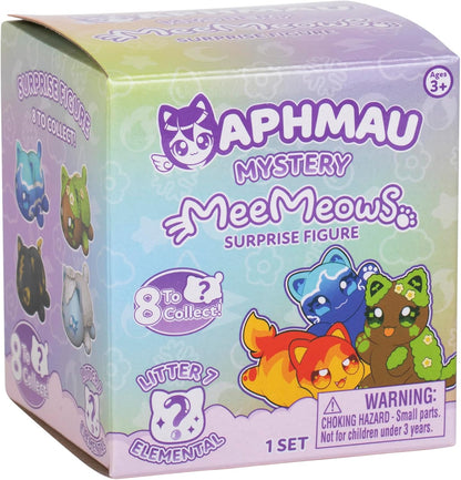 A colorful Aphmau Mystery MeeMeows Surprise Figure box displaying cartoon elemental cats and '8 To Collect!'