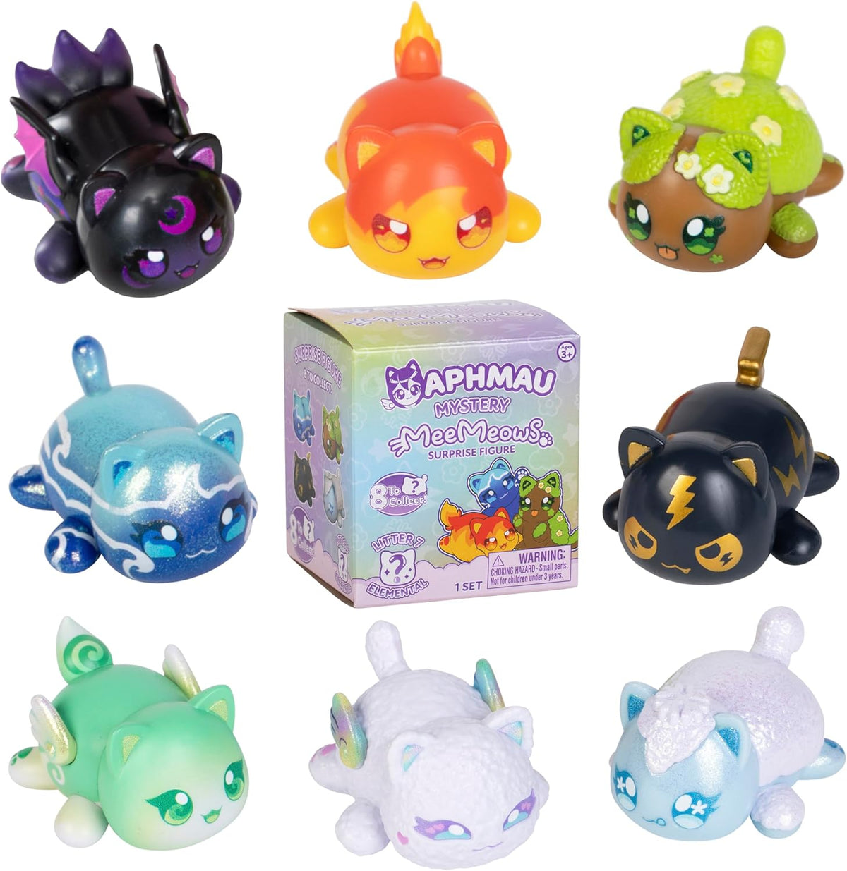 Eight colorful, cat-like Aphmau Mystery MeeMeows toy figures surrounding their surprise box