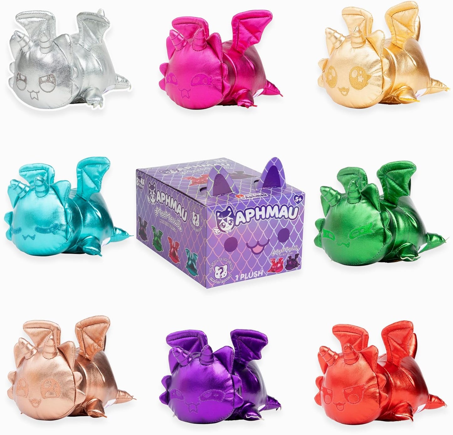 Eight metallic Aphmau MeeMeows gemstone dragon plush toys in various colors surround a purple mystery box