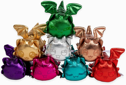 A cluster of colorful, shiny plush dragon toys with wings and horns, including green, gold, silver, and red