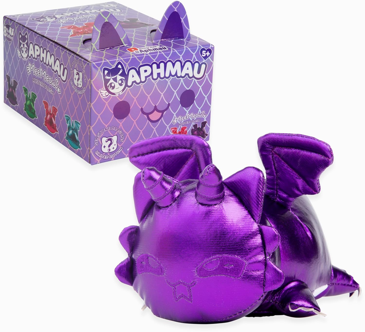 Purple metallic Aphmau MeeMeows dragon plush with wings and horns, next to its purple mystery box