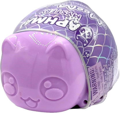 Smiling lavender cat-faced mystery toy. It has a purple holographic wrapper with "Mystery" text and a small cat illustration