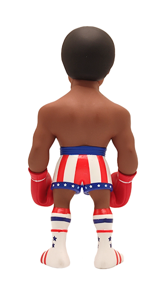 Back view of Minix Rocky Apollo Creed collectible figure featuring the smiling boxer in red white and blue stars and stripes shorts with red boxing gloves