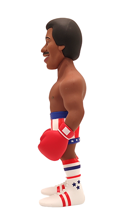 Side view of Minix Rocky Apollo Creed collectible figure featuring the smiling boxer in red white and blue stars and stripes shorts with red boxing gloves