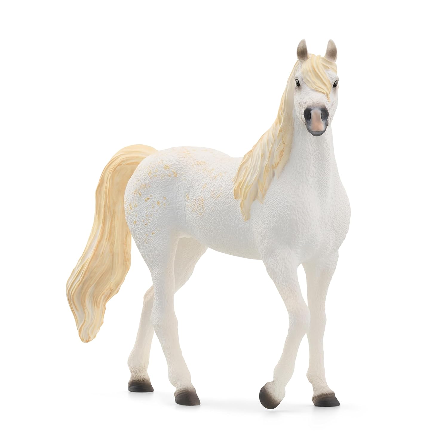 A white horse figurine with a flowing blonde mane and tail, speckled with gold, standing
